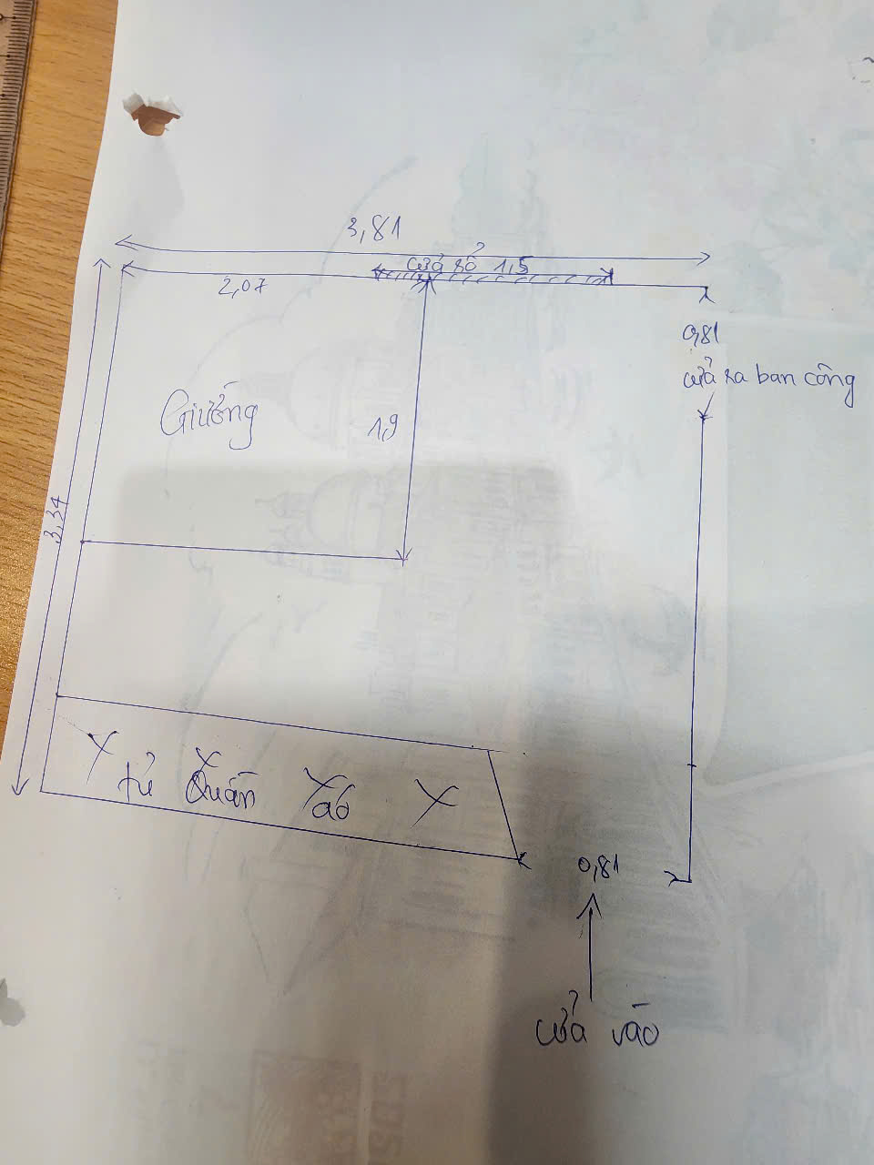 Bản vẽ tay đo đạc phòng ngủ con
